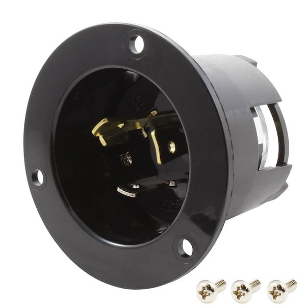 Flanged Locking Inlet, 20 A, 125V AC, Screw Terminals, Black